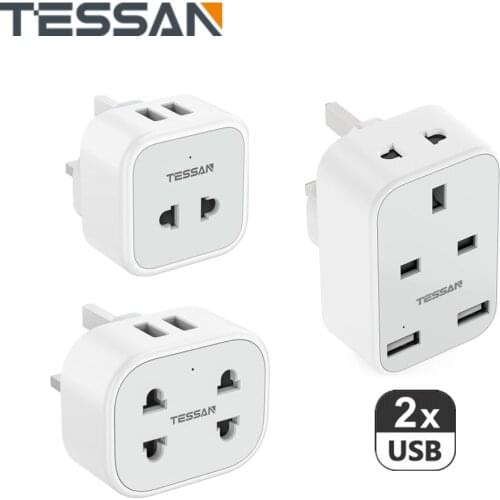 AU US EU China to UK Plug 2 Pin Shaver Plug to 3 Pin Charger Power Strip with 2 USB Ports Travel Adapter Built in 10 A Fused