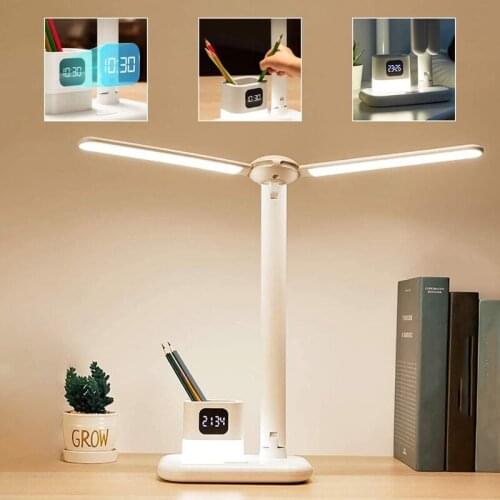 LED Desk Lamp Eye-Caring 2 Heads Office Table Light With Pen Holder Clock,360° Wide Angle Office Lighting,3 Color Modes