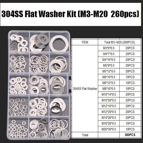 WHUZF 260Pcs/set DIN125 M3 M4 M5 M6 M8 M10 M12 M14 M16 M20 304 Stainless Steel Flat Washer Plain Washer Gaskets Assortment Kit