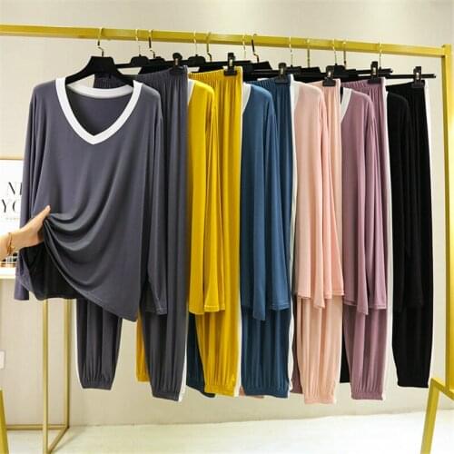 Women Autumn Winter Sleepwear Pijamasleeve Beam Feet Pant Cotton Pajamas V-neck Long Set Loose Home Clothes Two PieceNew