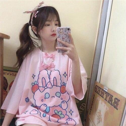 Women Fashion Cute Print Tops Women Oversized T Shirt Casual Loose Cotton Pink Graphic T Shirts Fashion Clothing Kawaii Clothes