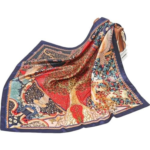 Retro Womens Silk Scarf Elegant Big Tree Plant Printing For outdoor use Shawl Spring and Summer Female Sex Sunscreen Headdress