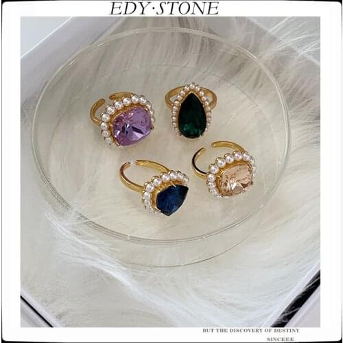 EDY 2021 New Gems Ring Personality Vintage Exaggerated Light Luxury Gems Pearl Opening Rings For Women Girl Party Jewelry Gift