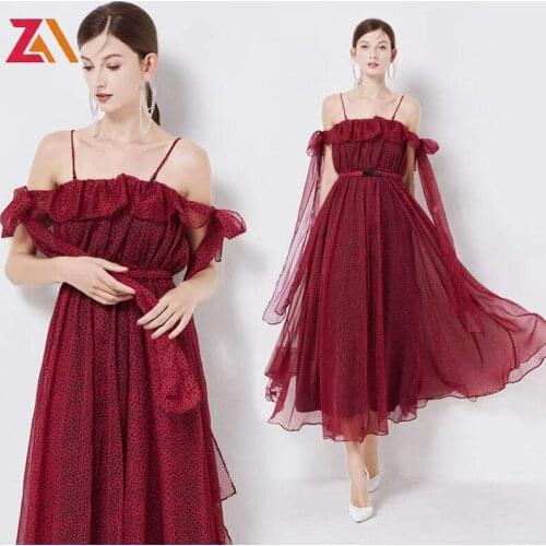 ZALady designer runway sexy party evening midi long dresses for women elegant dot ruffles Elastic waist strap sundress vestidos