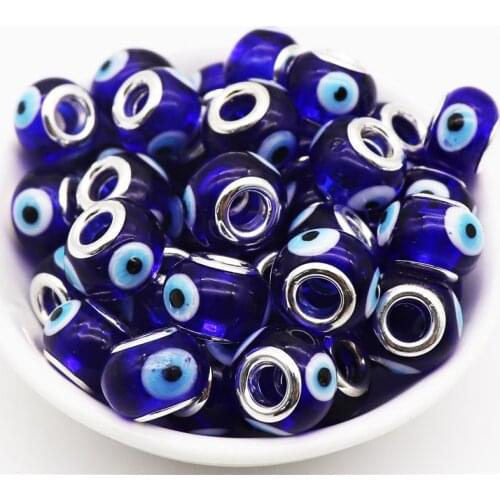 10Pcs Blue Color Evil Eye Large Hole European Glass Murano Spacer Beads fit Pandora Bracelet Chain Necklace for Jewelry Making
