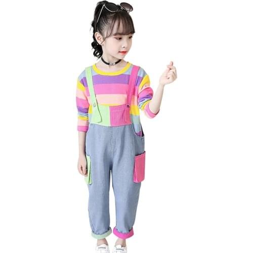 2pcs Kids Girls Clothes Sets Rainbow T-shirts + Denim Jumpsuit Childrens Clothing Teenage Casual Set Clothes For Girls