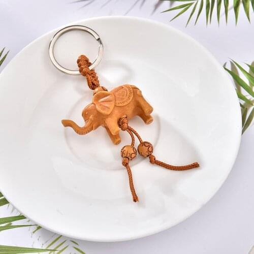 2021 Lucky Wooden Elephant Carving Pendant Keychain Religion Chain Key Ring Keyring Jewelry Wholesale Women Men Cute Keychain