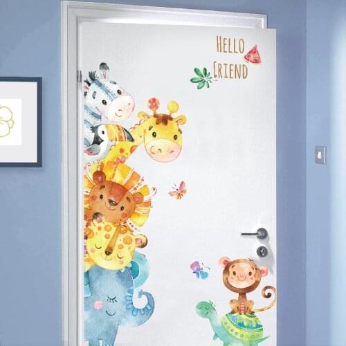 78*127cm Friendly Cartoon Animals Wall Sticker Watercolor Style Door Sticker Elephant Lion Monkey Vinyl Home Decor for Kids Room
