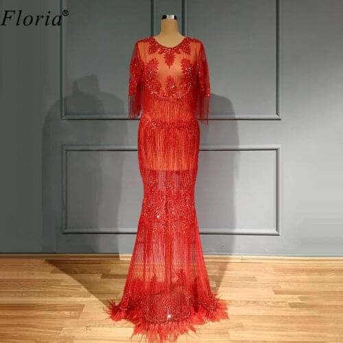 Plus Size Red Tassels Prom Dresses Mermaid Sexy Beads Abiti Da Cerimonia Transparent Cocktail Dresses Evening Wear Gowns Party