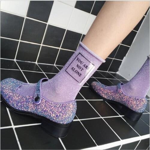 Shiny Socks Women Cotton 2018 autumn Glitter Socks Harajuku Soft Piles Socks Edge Curl Solid Funny letters Socks Xmas