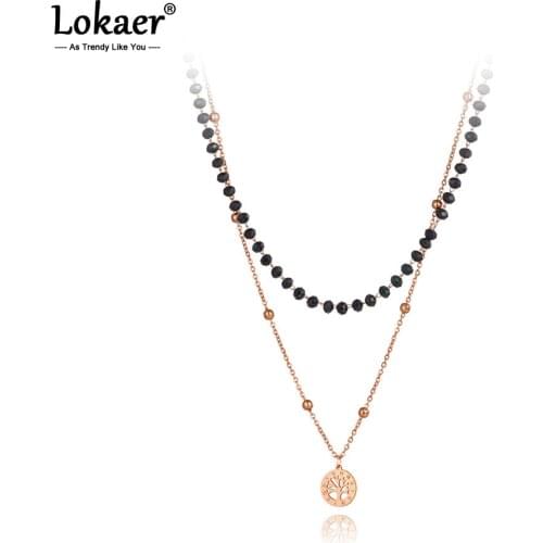 Lokaer Titanium Stainless Steel Black Crystal Tree Charm Pendant Necklaces Bohemia Double Layer Chain Necklace For Women N20298