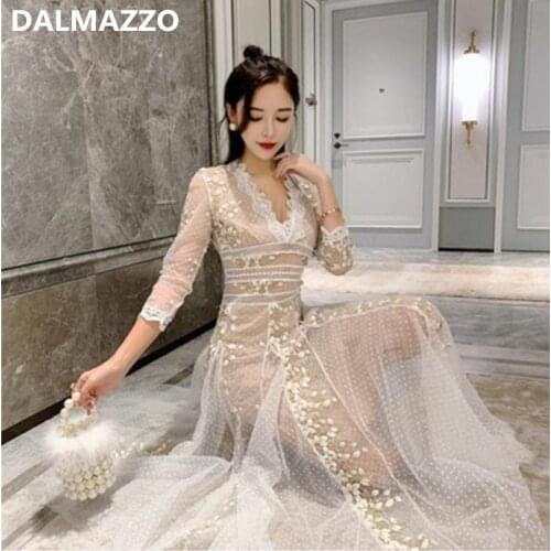 DALMAZZO High-End Custom New Fashion Women V Neck Mesh Embroidery Holiday Long Dress Vestidos Feminino