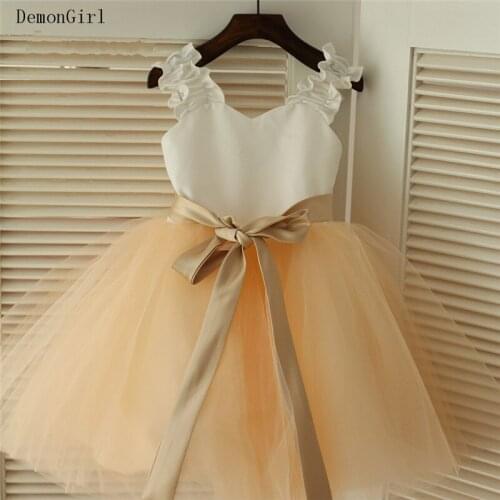 Champagne Tulle Knee Length Kids Clothes 2021 Custom Little Princess Birthday Gowns Christmas New Year Wear