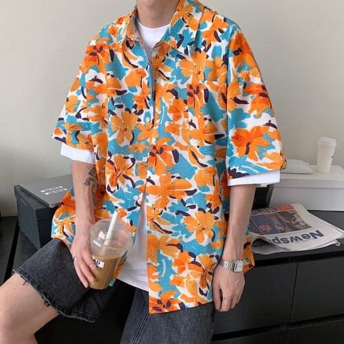 Hawaiian Short Sleeve Shirts Men Casual Print Top Trendy Coat Oversize Vacation Five-point Sleeve Beach Shirt Loose Male Clothes