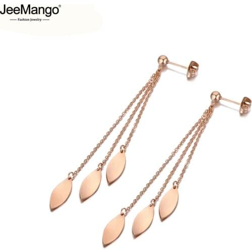 JeeMango Fashion Titanium Stainless Steel Geometric Oval Tassel Drop Earrings For Women Bohemia Chain Dangle Earrings JE19194