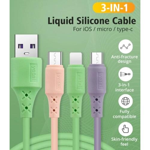 3-in-1 USB Type C Micro Cable for iphone Samsung Xiaomi Soft Liquid Silicone Flowing Cable Fast Charge Charging Line USB C Wire