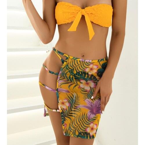 Swimsuit Sexy Backless Polyester Women Push Up Floral Print Three Piece Bikini Suit for Beach Summer