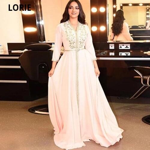 LORIE Elegant Pearl Ivory Moroccan Kaftan Evening Dresses Long Prom Dress 2020 Embroidery 3/4 Sleeve Arabic Muslim Formal Gowns