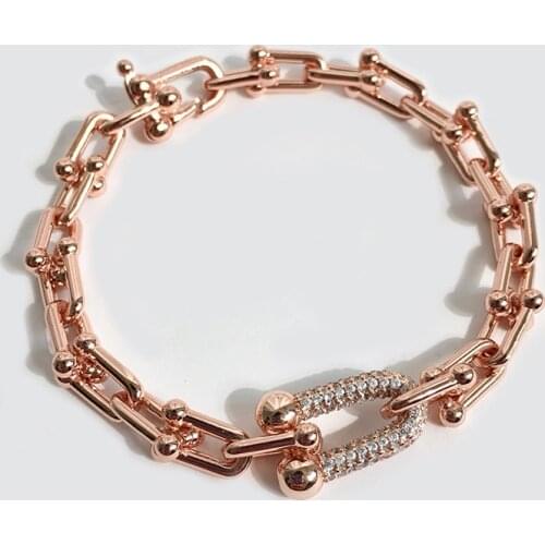 Rose Gold Color Adjusted Size Bangle Bracelets Thick Version U Shape Style CZ Chain Bracelet For Women Fashion Jewelry