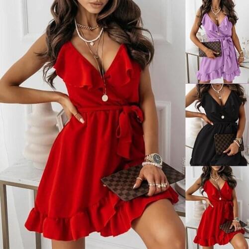 Sexy V Neck Women Mini Summer Dress Spaghetti Strap Cami A-Line Dress Solid Color Business Work Wear Party Club Ladies Dress D30