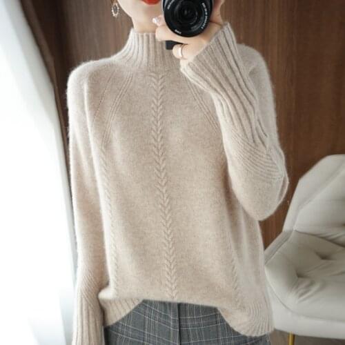Lafarvie Autumn Winter Wool Sweater Women Tops Female Pullover Half High Collar Casual Loose knit Jumper Oversized Long Sleeve