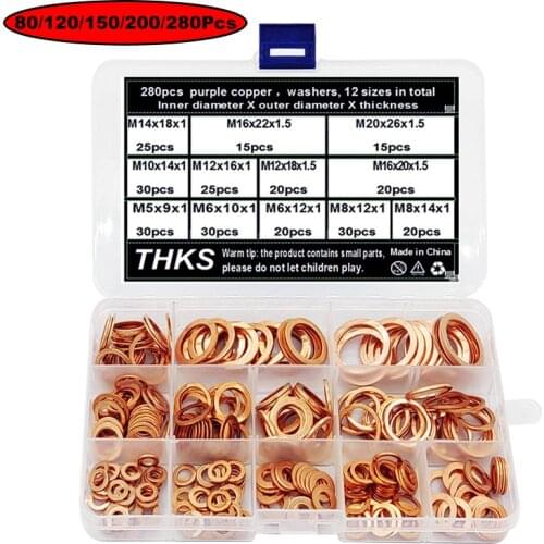 80/120/150/200/280pcs M5-M20 Copper Washer Flat Ring Gasket Sealing Washer Flat Seal Gasket Ring Assortment Kit Hardware