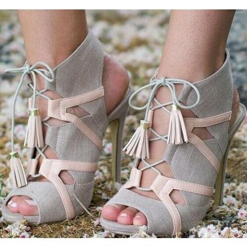 Top Summer New Brand Women Patchwork Cuts Out Gladiator Cross Lace Up Peep Toe 100 mm High Heels Party Thin Heels Sandals Shoes
