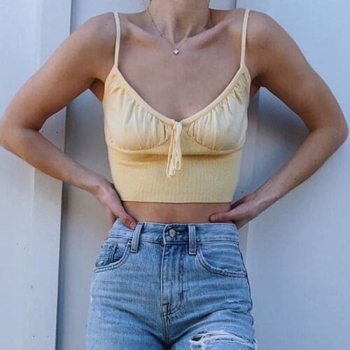 French U-neck Bow Crop Tops Women 2021 Summer Sexy Backless Fashion Pure Cotton Soft Yellow Camis Causal Streetwear Y2k Top