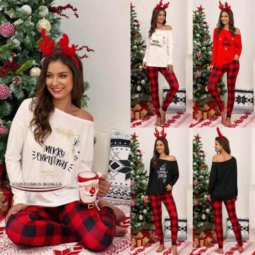2020 Christmas Costume Letters Printed Long Sleeve Shirt Plaid Long Pants Casual Pajamas Women Home Service Suit Two-piece Set