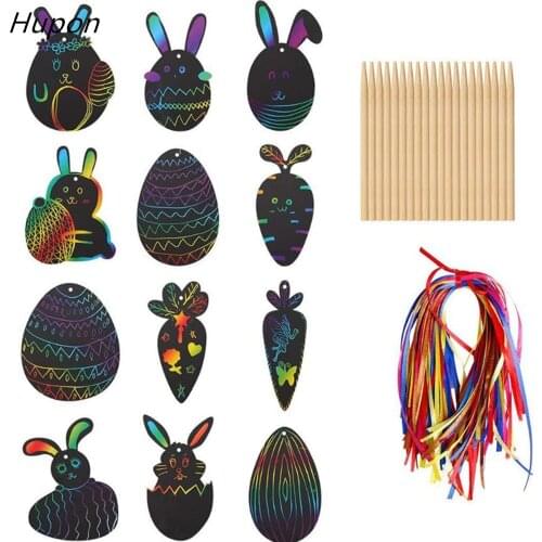 24pcs Magic Color Scratch Easter Ornaments Cute Paper Pendants Easter Eggs DIY Crafts Easter Decoration Kids Party Supplies