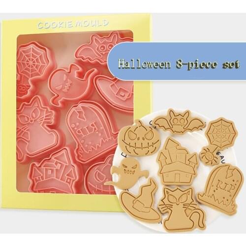 8Pcs/set Halloween Cookie Cutters Plastic 3D Cartoon Pressable Biscuit Mold Cookie Stamp Kitchen Baking Pastry Bakeware Tool