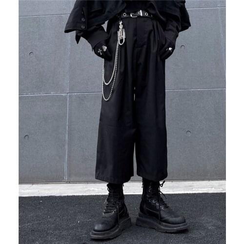Hong Kong style Japanese loose eight-point suit trousers mens dark style pure black wide-leg daddy pants fall feeling casua