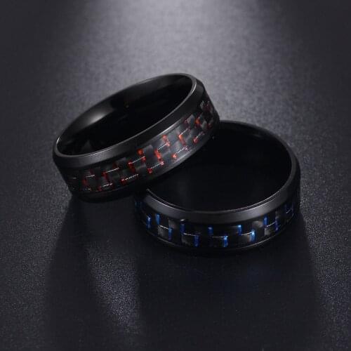 Trendy 8MM Wide Punk Carbon Fiber Lattice Ring Red Blue Lattice Couple Ring For Women Men Unique Jewelry Party Wedding Gifts