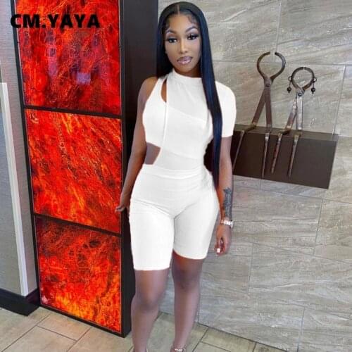 CM.YAYA Active Women Mesh Ribbed Patchwork Tracksuit One Short Sleeve Romper and Crop Tops Matching Two 2 Piece Set Outfits