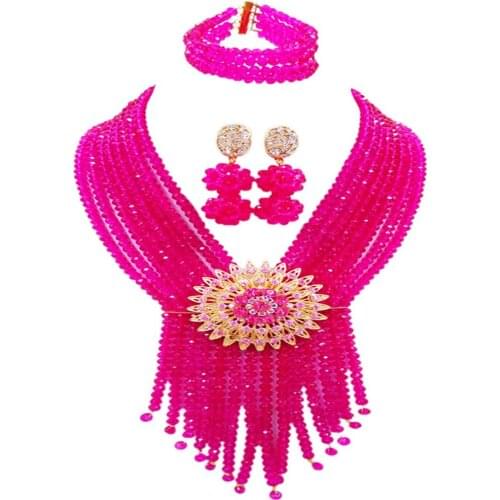 Fuchsia pink costume necklace african set crystal bead tassel jewelry nigerian wedding set