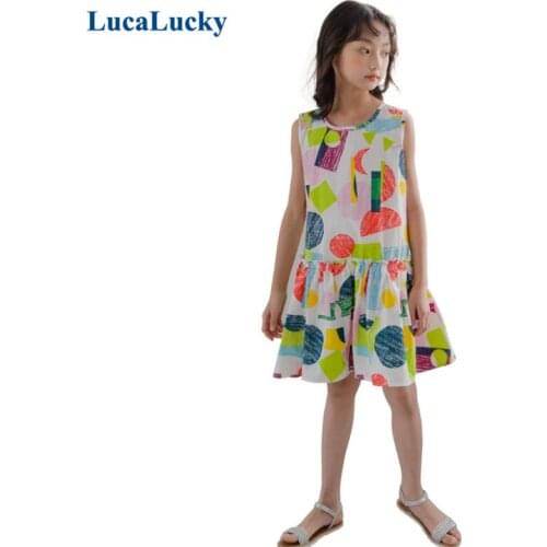 LucaLucky Children Summer Dresses Big Girls Colorful Printed Beach Dress Kids Clothing Girl Cotton Sleeveless O-neck Dresses