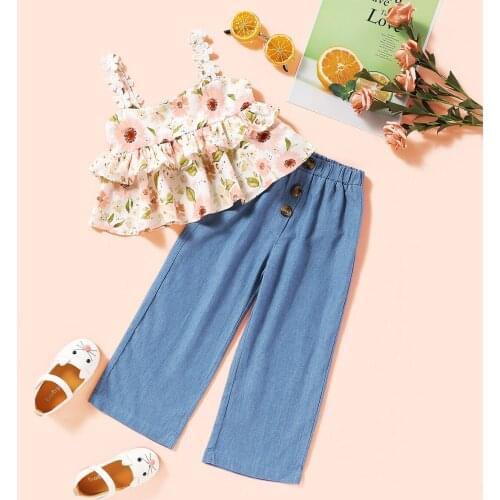 Ma&Baby 18M-6Y Summer Kids Girls Clothing Sets Ruffles Flower Vest Tops Denim Pants Outfits Beach Holiday Costumes