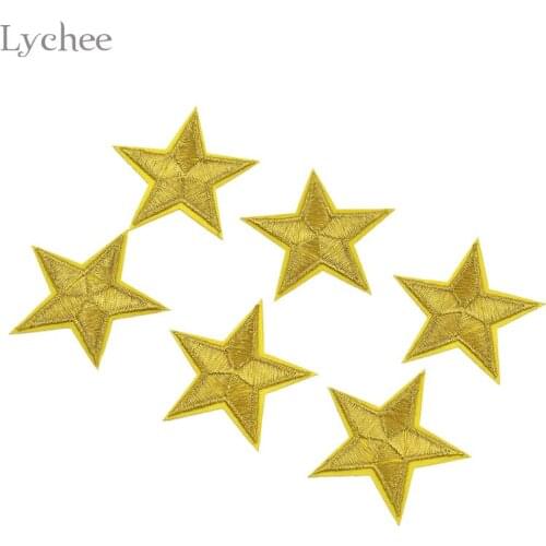 Lychee Life 6pcs Gold Color Star Embroidery Patch Sew On Applique Patch Clothes Jeans Decoration DIY Apparel Sewing Accessories