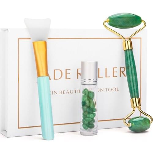 Jade Roller Facial Face Jade Massage Roller Rose Quartz Scraper Jade Massager Tools with Jade Roller Oil Bottles & Mask Brush