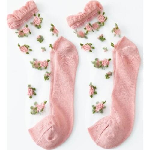 1 Pair Breathable Ultra Thin Socks Summer Women Transparent Lace Silk Crystal Rose Flower Girls Elastic Short Socks Female Sox