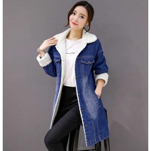 New Autumn Winter Women Coats Plus Size Casual Loose Berber Fleece Single Breasted MD-Long Jeans Coat For Women Denim Outerwear