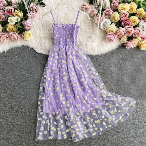 Sanishroly Womens Strapless Daisy Print Dress Mori Girl Lace Mesh Spaghetti Strap Dress Lady Sleeveless Folds Long Vestidos 122
