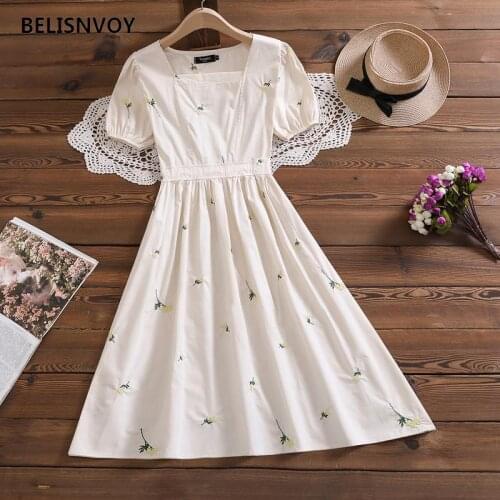 Mori Girl Summer High Waist Dress For Women Square Collar Floral Embroidery A-Line Midi Dress Puff Sleeve Romantic Party Dress