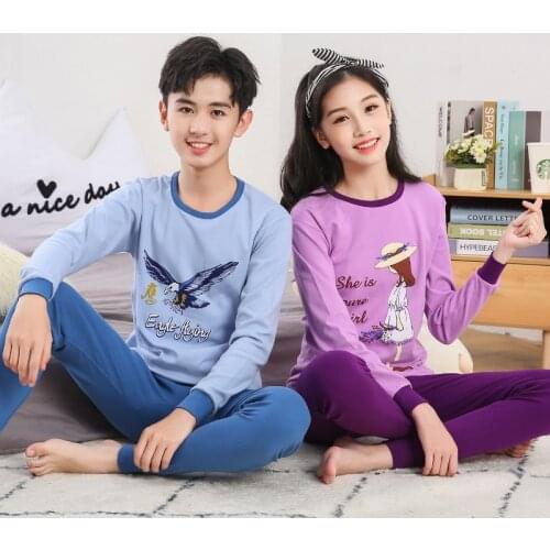 Plus Size 7 To 16 Years Combed Cotton Teenager Boys And Girls Pajamas Set Children Nightwear Cute Cartoon Students Sleepwear