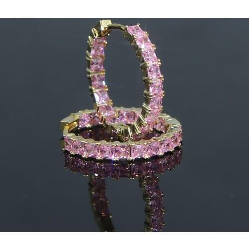 Gold Color Pink Square Cubic Zirconia 28mm Medium Circle Huggie CZ Hoop Earring For Girl Women