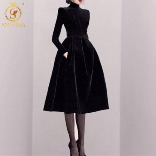 SMTHMA High Quality Vintage Black Velvet Turtleneck Collar Party Dress Women Elegant Temperament Female Long Sleeve Vestidos