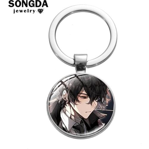SONGDA New Bungo Stray Dogs Keychain Dazai Osamu Nakahara Chuya Nakajima Atsushi Glass Dome Key Chain Cosplay Bag Charm Ornament
