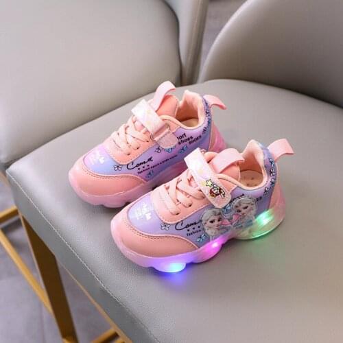Disney cartoon frozen led luminous shoes leather elsa sneakers sports mesh new childrens casual shoes