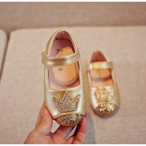 Spring & Autumn Girls Shoes Princess Sequin Crystal Crown Shoes PU Leather Low Heel Student Shiny Dance Shoes For Girls Children