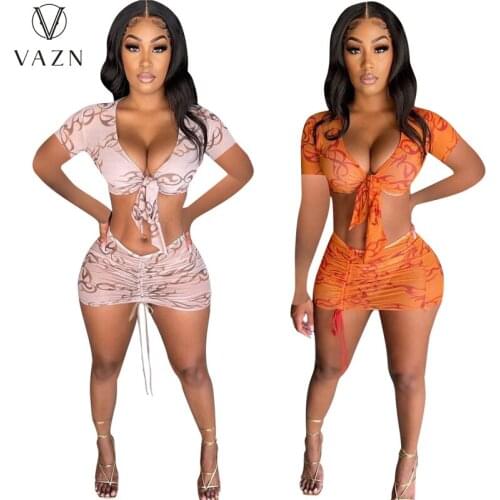 VAZN 2021 Top Bikini Deep V-neck Sexy Energetic Suitable Summer Short Sleeve Lady Suits 2 Piece Set Women Top And Pant